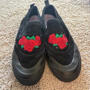 adidas Black Slip-On Loafers with Red Rose Embroidery